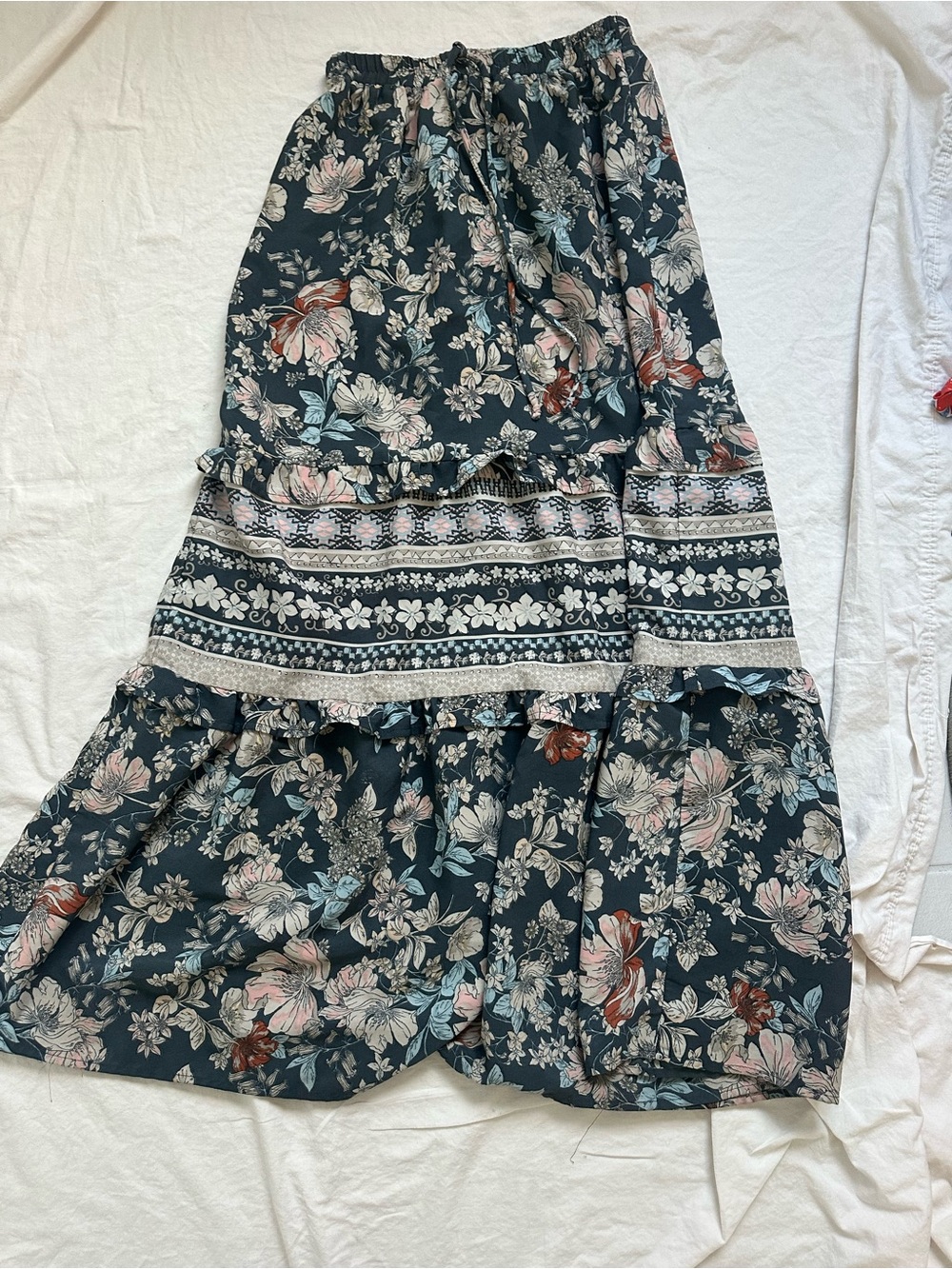 SHE MADE ME Dark Teal Floral Tiered Maxi Skirt